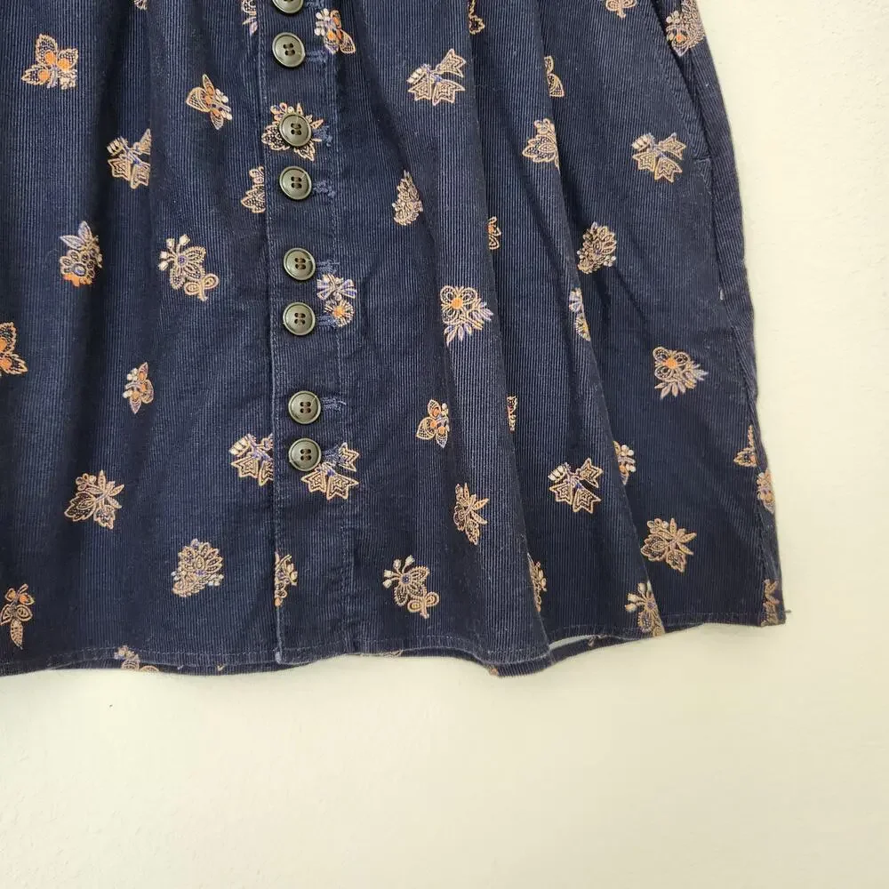 Madewell Navy Blue Boho Floral Corduroy Button Front Mini Skirt XS